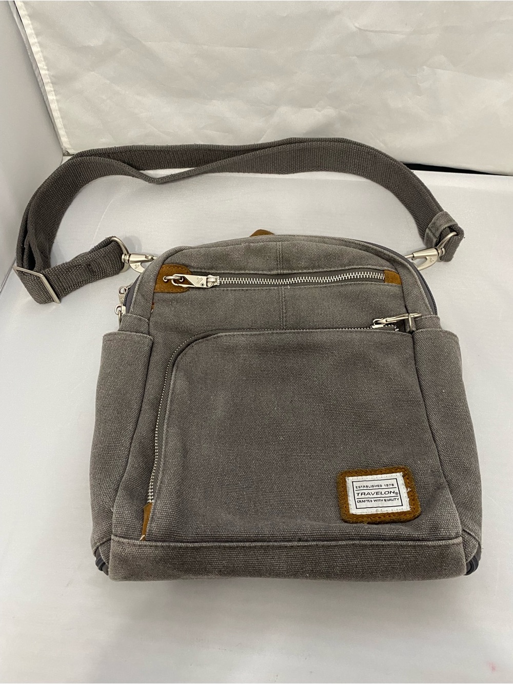 Travelon Gray Canvas Crossbody Bag with Tan Accents